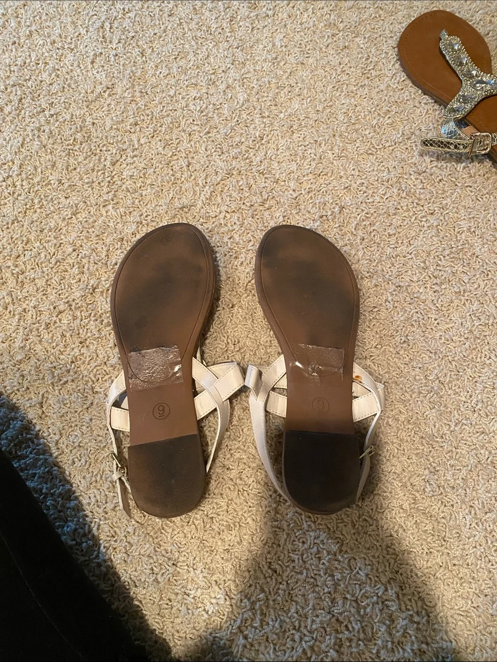 Mossimo Supply Co. Cream and Brown T-Strap Sandals with Gold Accent